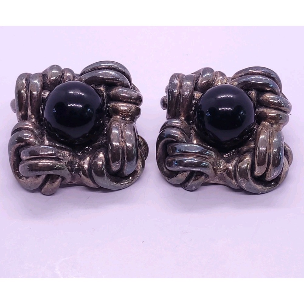 Vintage Brutalist Silver Tone Black Cabochon Clip-On Earrings 33.3mm